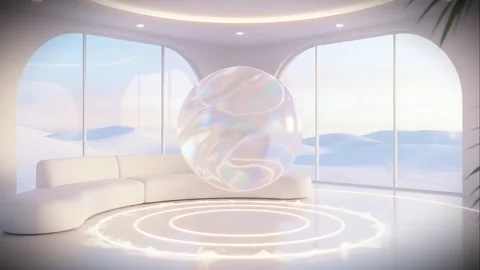 Surreal Future Lounge with Floating Liquid Sphere Stock Footage 326082905