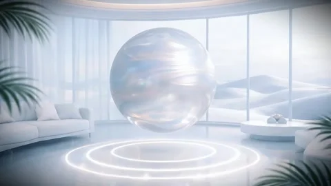 Surreal Future Lounge with Floating Liquid Sphere Stock Footage 326082913