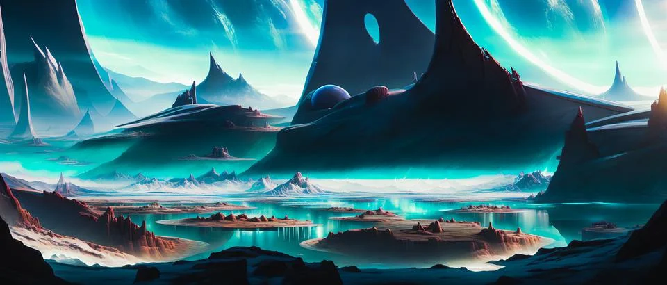 A surreal, futuristic landscape featuring otherworldly Stock Illustration