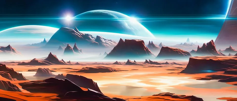 A surreal, futuristic landscape featuring otherworldly Stock Illustration