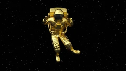 Surreal gold flying floating levitating astronaut or cosmonaut or spaceman Stock Footage 194969329