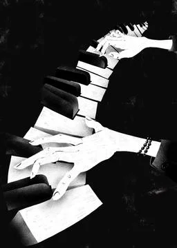 Surreal hands playing flowing, distorted piano keys in dramatic black and whi 스톡 일러스트