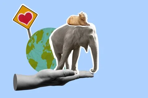 Surreal harmony  cat, elephant, world and human interaction Stock Illustration
