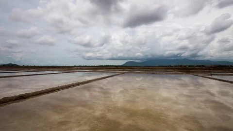 Surreal hyperlapse following clouds. Mirror image cloud reflections on the salt Stock Footage 79314878