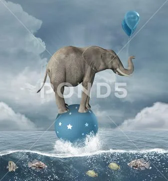 Surreal illustration with an elephant in the middle of the sea Stock Illustration