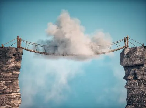 Surreal image of a cloud standing on a rope bridge. Illustrazione stock