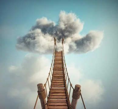 Surreal image of a rope bridge to a cloud. The concept of adventure or getawa Stock Illustration