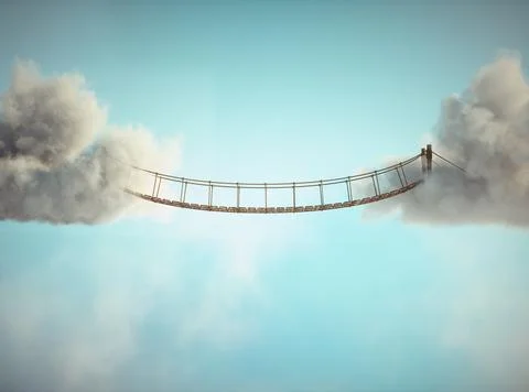 Surreal image of a rope bridge connecting two clouds. Stock Illustration