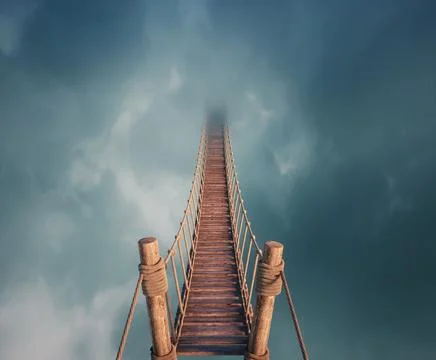 Surreal image of a rope bridge to a dense fog. Stock Illustration
