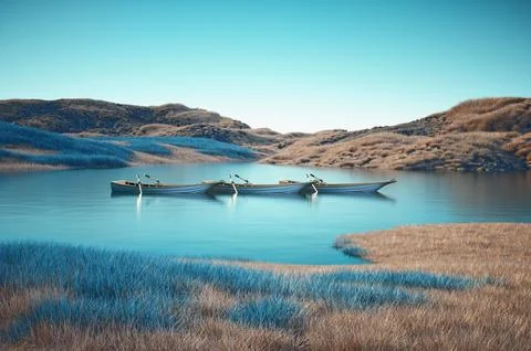 Surreal image with three boats on a mountain lake. Protection concept. Stock Illustration