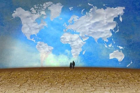 Surreal landscape with clouds in shape of world map Stock Illustration