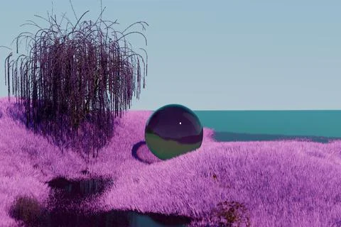 A surreal landscape featuring a reflective sphere and purple vegetation Stock Illustration
