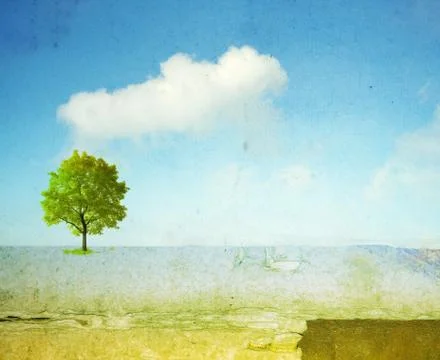 Surreal landscape with single tree Stock Illustration