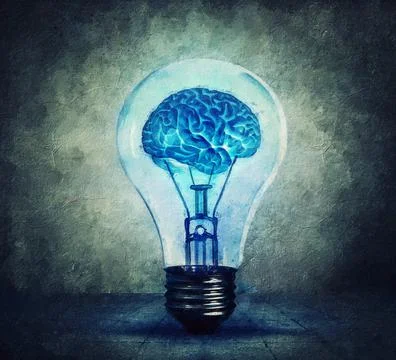 Surreal lightbulb painting with a glowing brain inside. Blue shining bulb, hu Stock Photos