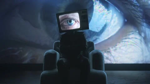 Surreal man with tv head. Blinking eye on television screen. Media manipulation Video stock 249626444