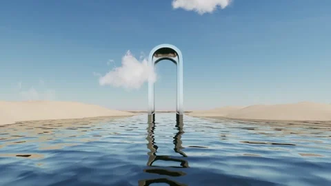 Surreal Minimalist 3D Render of a Reflective Chrome Arch standing in Water Stock Footage 331573906