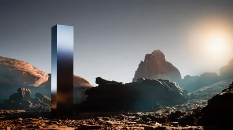 Surreal mountains landscape of Mars with silver cube. Minimal abstract Stock Illustration