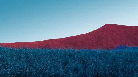 Surreal mountains landscape with red, blue peaks and teal sky. Minimal abstract Stock Illustration