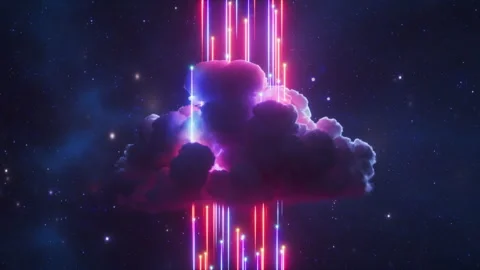 Surreal nebula cloud pulses as luminous vertical neon beams shoot through Video stock 319959377