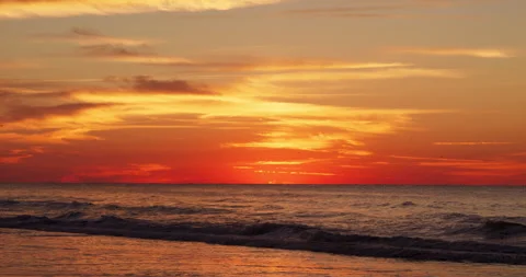 Surreal ocean sunrise. Waves breaking on the beach and birds fly in the sky. Stock Footage 254989404