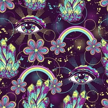 Surreal pattern with all seeing eye, crystals Stock Illustration