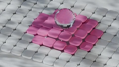 Surreal Pink and White Tiled Surface with a Crystal Sphere Stock Illustration