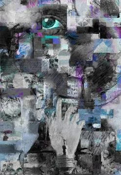 Surreal reality Abstract with time element, human eye, chess elements, hum... Foto stock