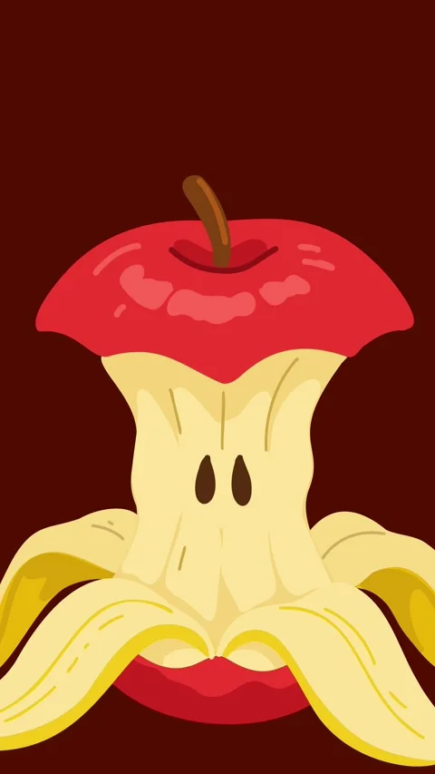 Surreal red apple head wrapped in banana peel surrealism Stock Footage 334325117