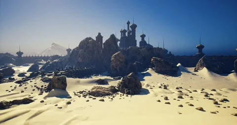 Surreal sci fi environment with alien architecture and blue sky background Stock Footage 333563041
