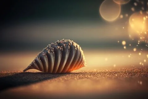 Surreal shell on the beach. Abstract clam with filigree shape on the sand Illustrazione stock