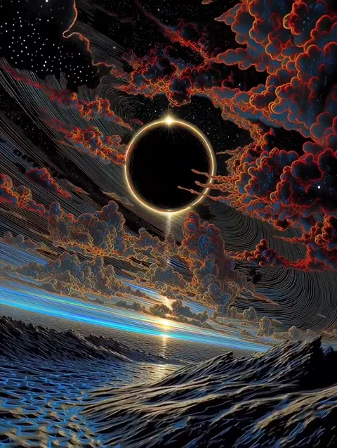 Surreal Solar Eclipse Over Cosmic Ocean Landscape Video stock 343559174