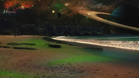 Surreal Space Beach Ocean Landscape Planets In Sky Stock Footage 197319822