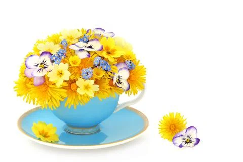 Surreal Spring Flowes in Tea Cup for Medicinal Herbal Tea Stock Photos