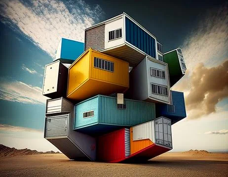 A Surreal Stack of Brightly Colored Container Homes Stock Illustration