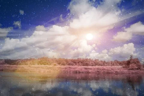 Surreal sunset on river Stock Photos