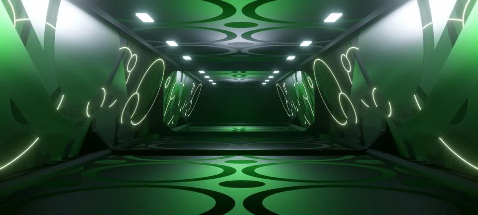Surreal Technology Alien Interior Empty Studio Neon Lights with Dark Slate Gr Stock Illustration