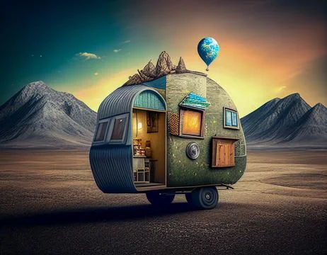 A Surreal Tiny House Camper in the Mountains Stock Illustration