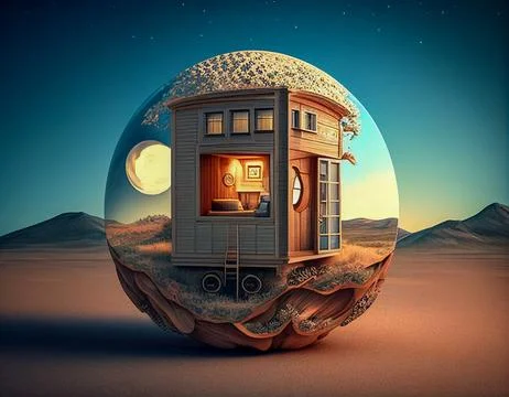 A Surreal Tiny House Scene at Night Stock Illustration