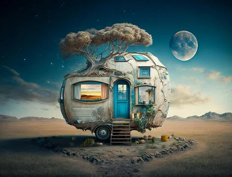 A Surreal Tiny House Scene with Tree Stock Illustration