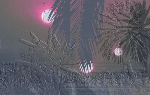 Surreal Tropical Sunset With Multiple Suns, Palm Silhouettes And Dreamy Haz.. Stock Illustration