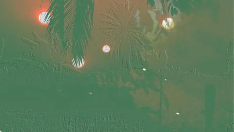 Surreal Tropical Sunset With Multiple Suns, Palm Silhouettes And Dreamy Haz.. Stock Illustration
