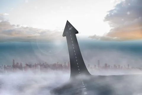 Surreal vector art is showing two-lane road rising from fog into dashed-line Stock Illustration