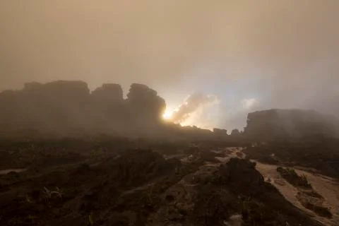Surreal view on the top of Mount Roraima under the mist Stock Photos