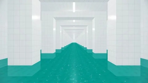 Surreal white tiled poolroom with blue water in a liminal space. 4K 3D Render 動画素材 344846218