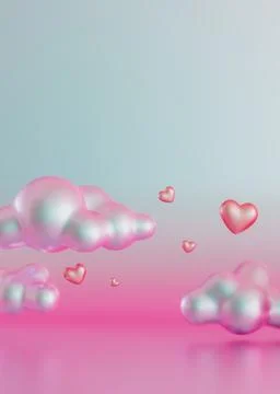 Surreal Y2K-style digital render featuring metallic clouds and floating hearts 스톡 일러스트