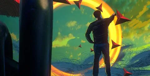 Surrealism. Dreamlike abstract imaginary image. Lonely human. Illustrazione stock