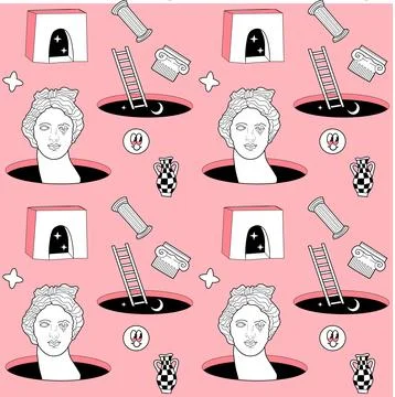 Surrealism elements pattern with abstract greek ancient sculptures Stockillustratie