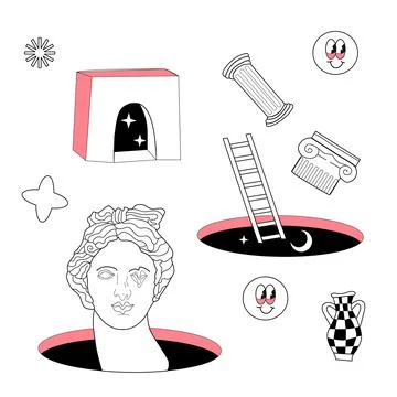 Surrealism elements pattern with abstract greek ancient sculptures Illustrazione stock