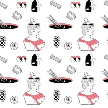 Surrealism elements pattern with abstract greek ancient sculptures イラスト素材