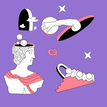 Surrealism elements set with abstract greek ancient sculptures Stock Illustration
